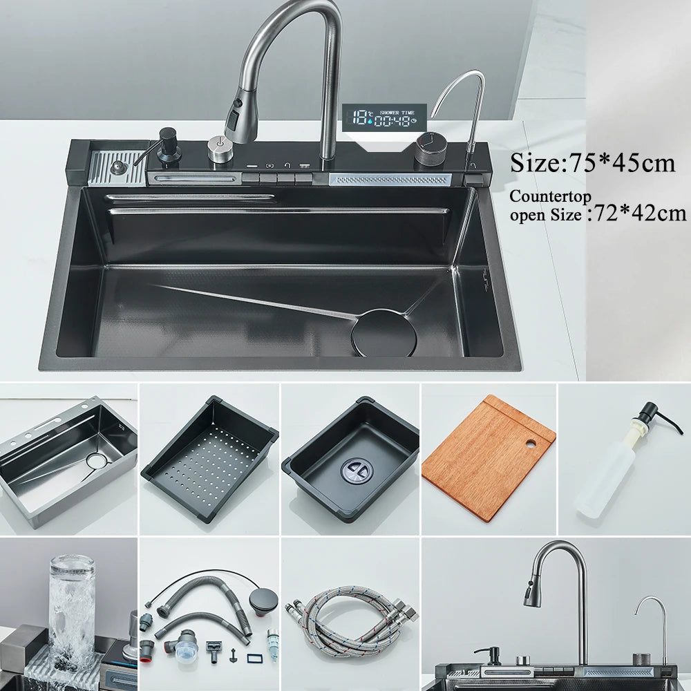 High-quality waterfall kitchen sink with digital temperature display