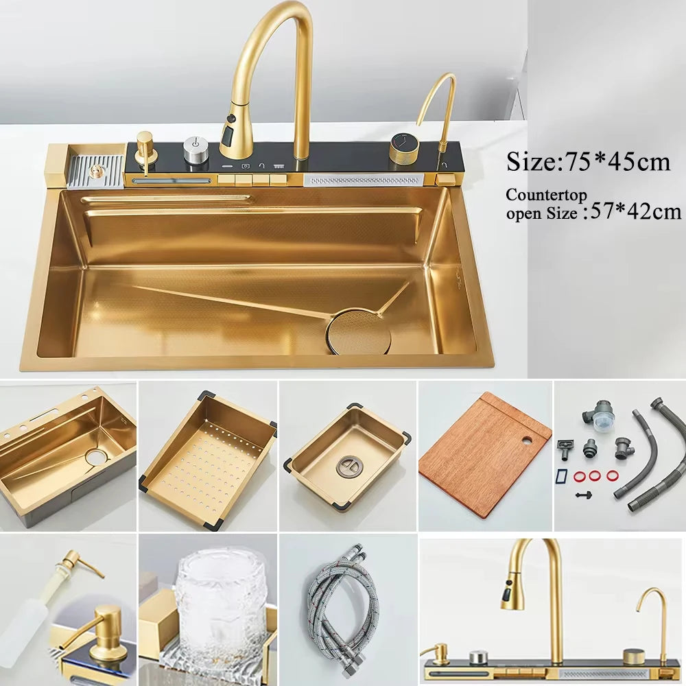 Stainless steel waterfall kitchen sink with digital display