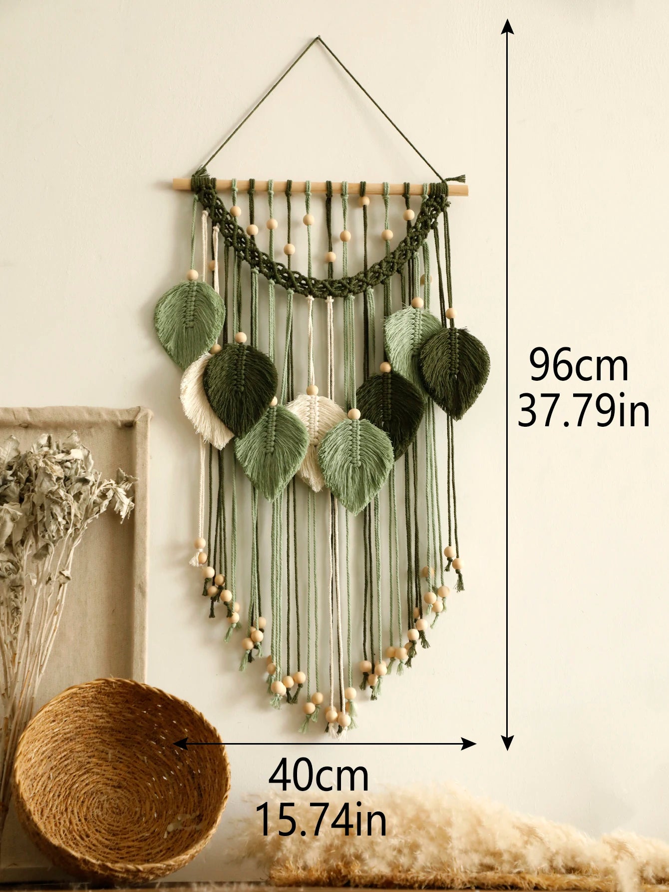 green macrame leaf wall hanging