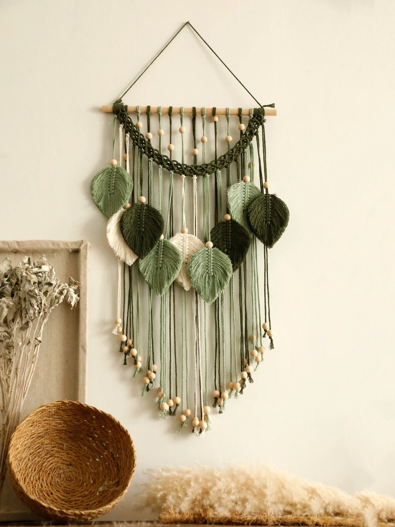 green macrame wall hangings