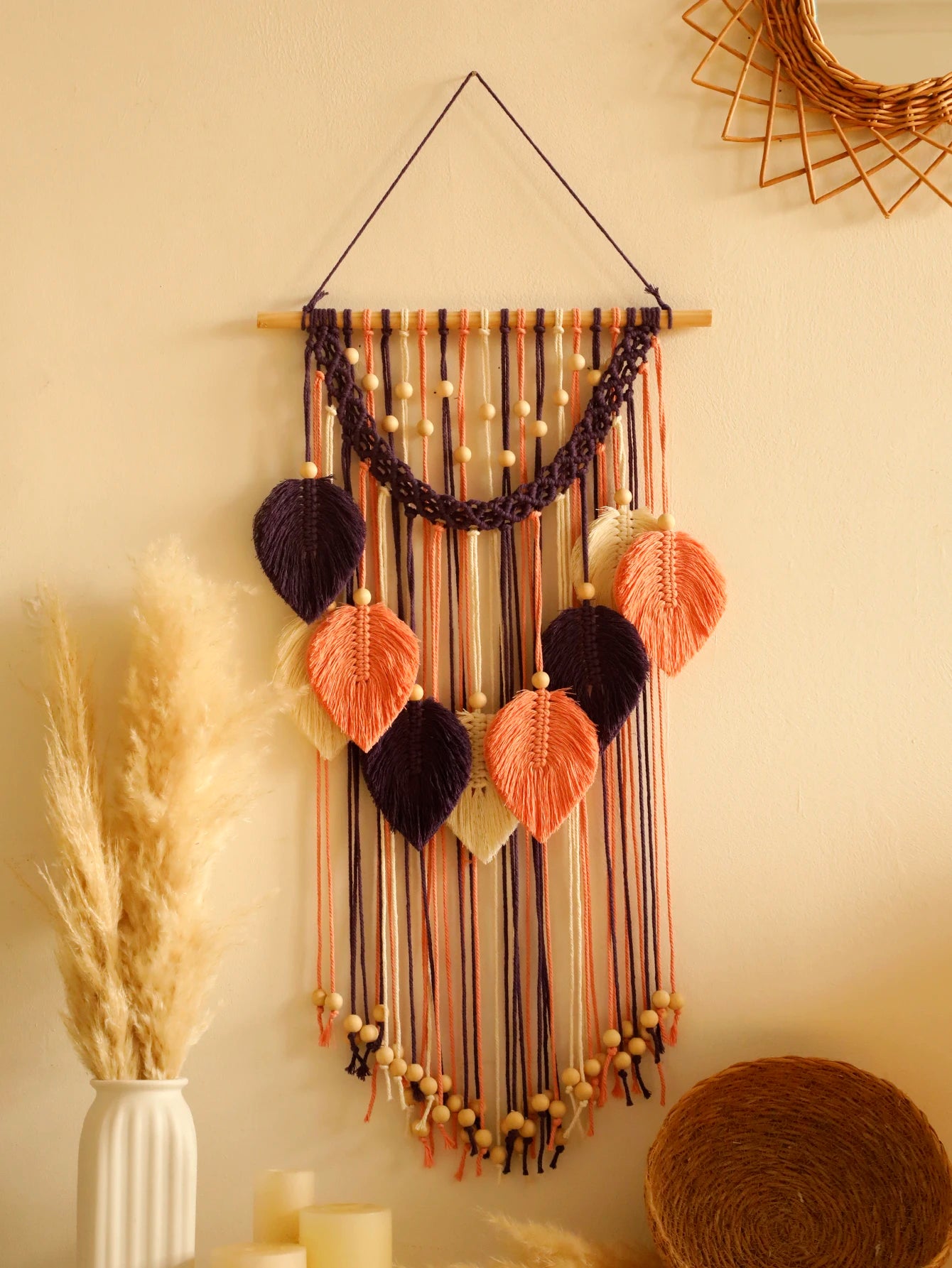 macrame wall hanger black orange